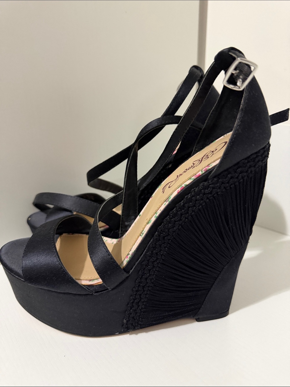 CeCe Black Satin Strappy Wedge Sandals